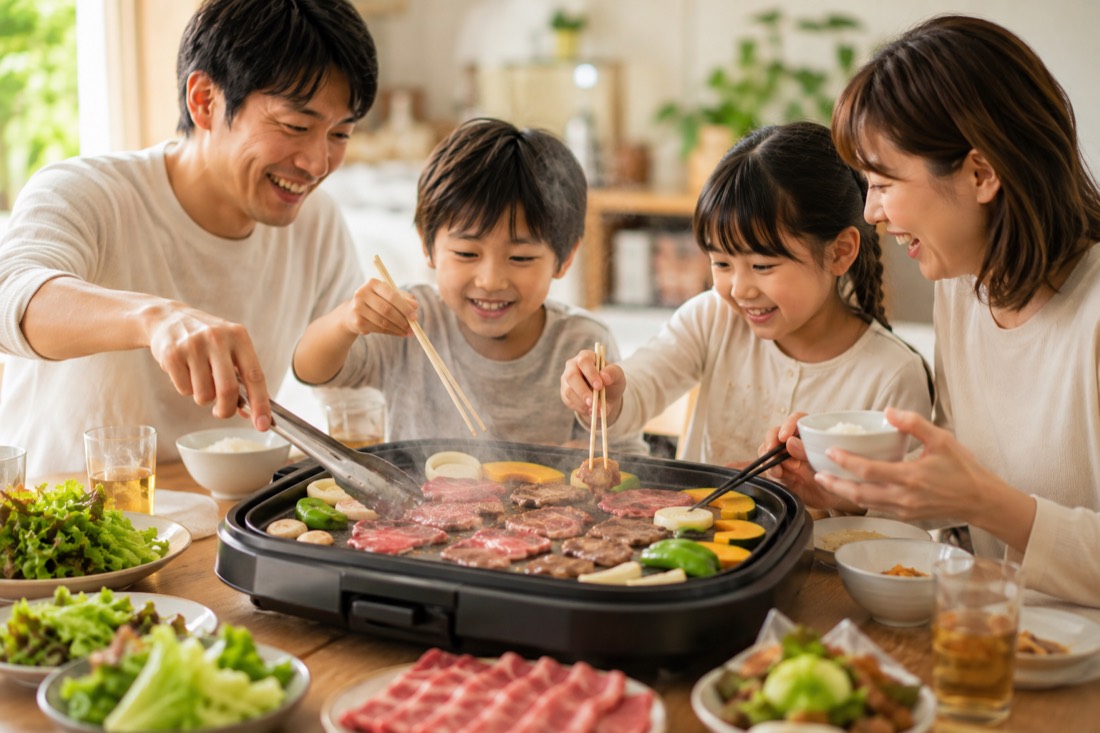 ホットプレートで焼く焼肉。肉から水分が出て蒸れてしまっている様子と、こんがり焼けた状態の対比
