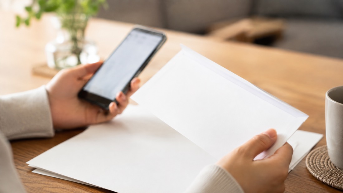 スマホを手に封筒と書類を確認する手元。ふるさと納税の申請手続きのイメージ