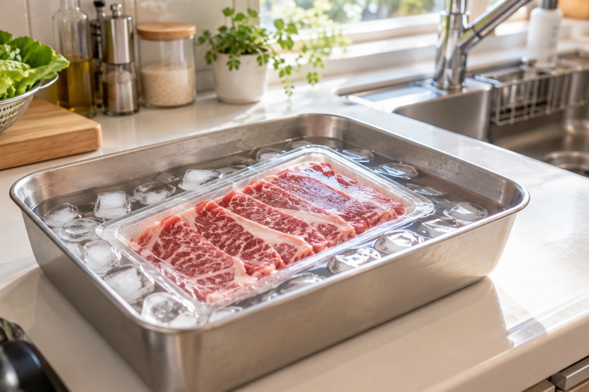 パックのまま氷水を張ったバットで解凍する牛肉
