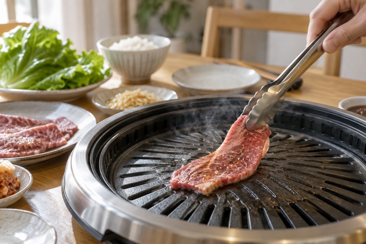 卓上グリルでトングを使って肉を焼く手元