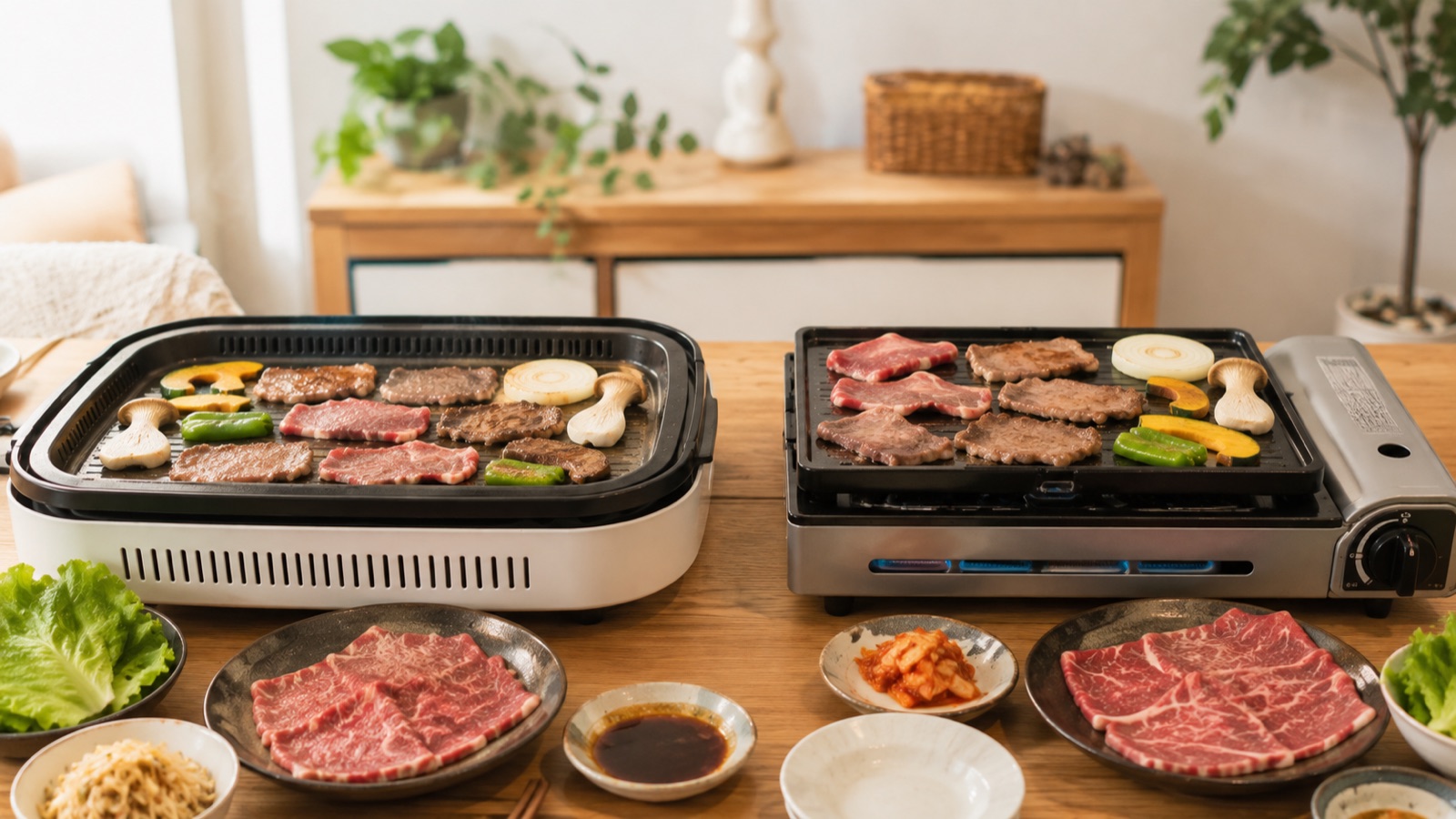 電気式ホットプレートとカセットガス式グリルを並べて焼肉を焼いた比較写真