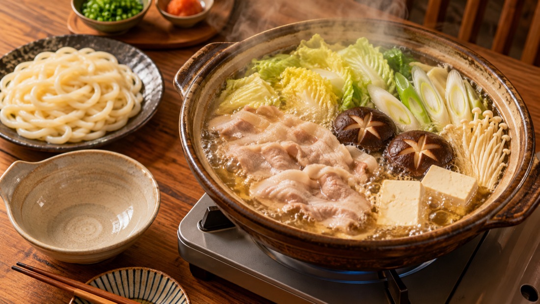 土鍋で煮える豚バラ肉と白菜・ねぎ・きのこ・豆腐の鍋