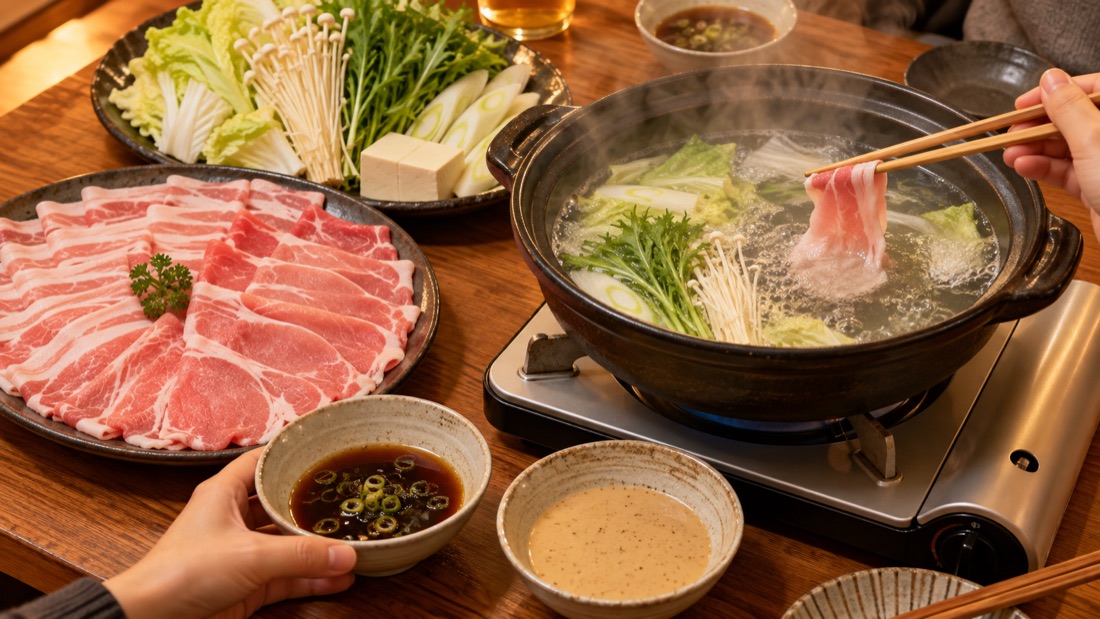 鍋の湯に箸で豚肉の薄切りをくぐらせているしゃぶしゃぶの手元と、ポン酢とごまだれの小鉢