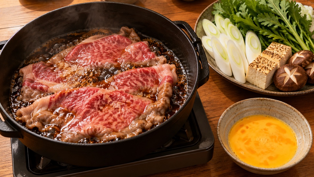 鉄のすき焼き鍋で、砂糖と醤油で焼き始めた霜降りの牛肉。横に溶き卵とねぎ・焼き豆腐・春菊の皿