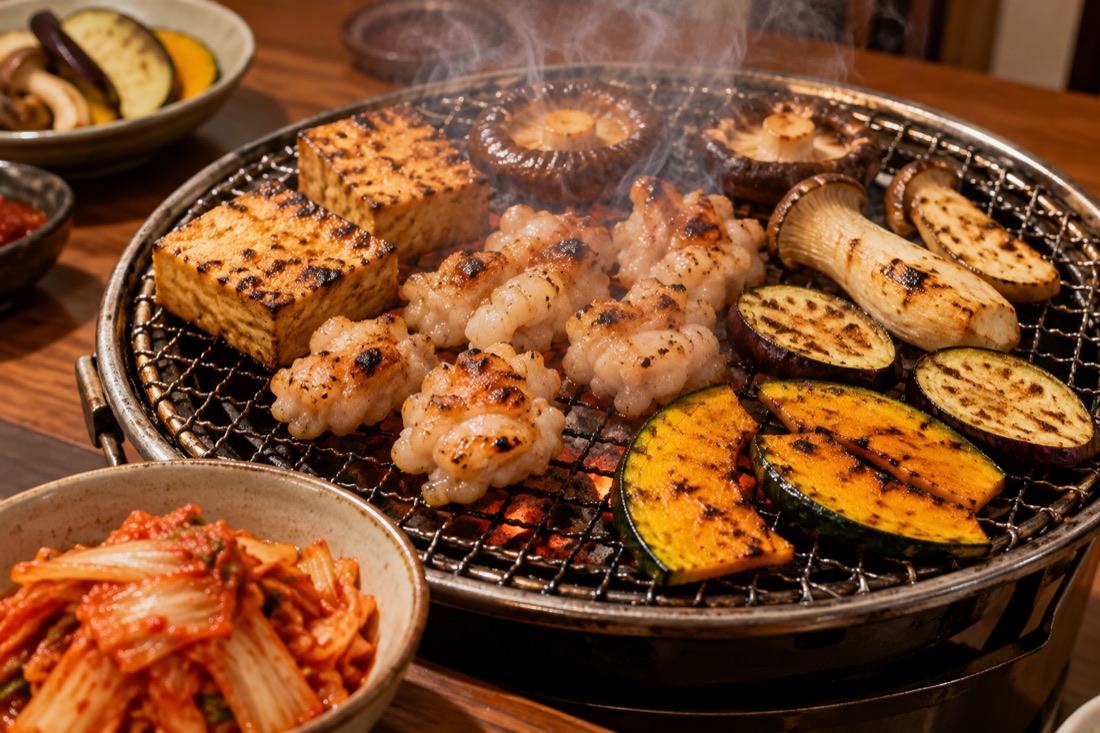 焼き網の上でホルモン・厚揚げ・しいたけ・エリンギ・ナス・かぼちゃを焼いているところと、キムチの小鉢